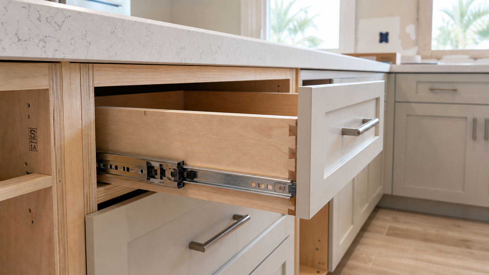 Plywood cabinet box construction with soft-close drawer slides for a humid coastal Florida kitchen
