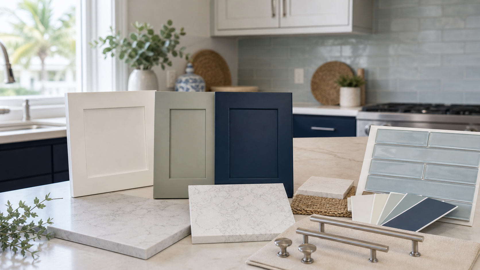 Coastal cabinet finish samples with quartz and hardware for a Fort Myers kitchen remodel