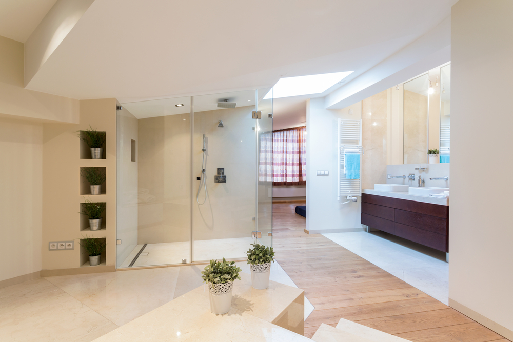Modern bathroom with tile flooring for remodel planning