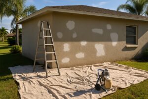 Stucco exterior of a Southwest Florida CBS home prepped for repainting with patched areas, ladder and paint sprayer