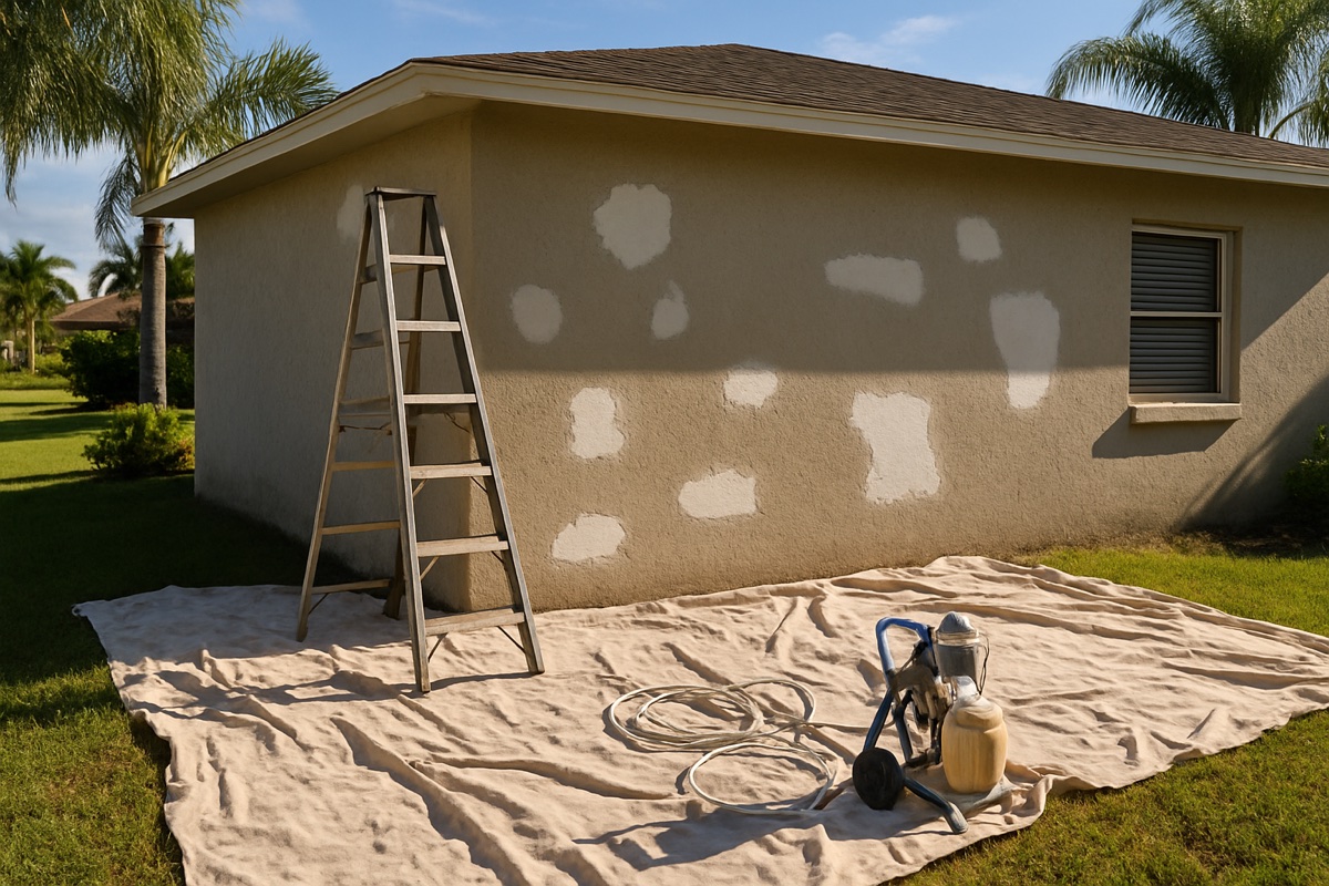 Stucco exterior of a Southwest Florida CBS home prepped for repainting with patched areas, ladder and paint sprayer