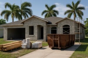 Concrete-block home in Estero, Florida undergoing a whole-home remodel with scaffolding, dumpster and staged materials