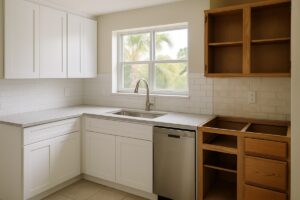 Fort Myers kitchen mid-remodel showing refinished white shaker cabinets next to older cabinets being replaced