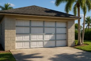 Hurricane-rated reinforced garage door installed on a Southwest Florida concrete-block home