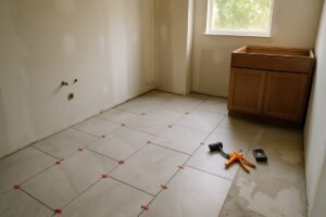 Cape Coral bathroom remodel in progress with new floor tile, spacers and a staged vanity cabinet