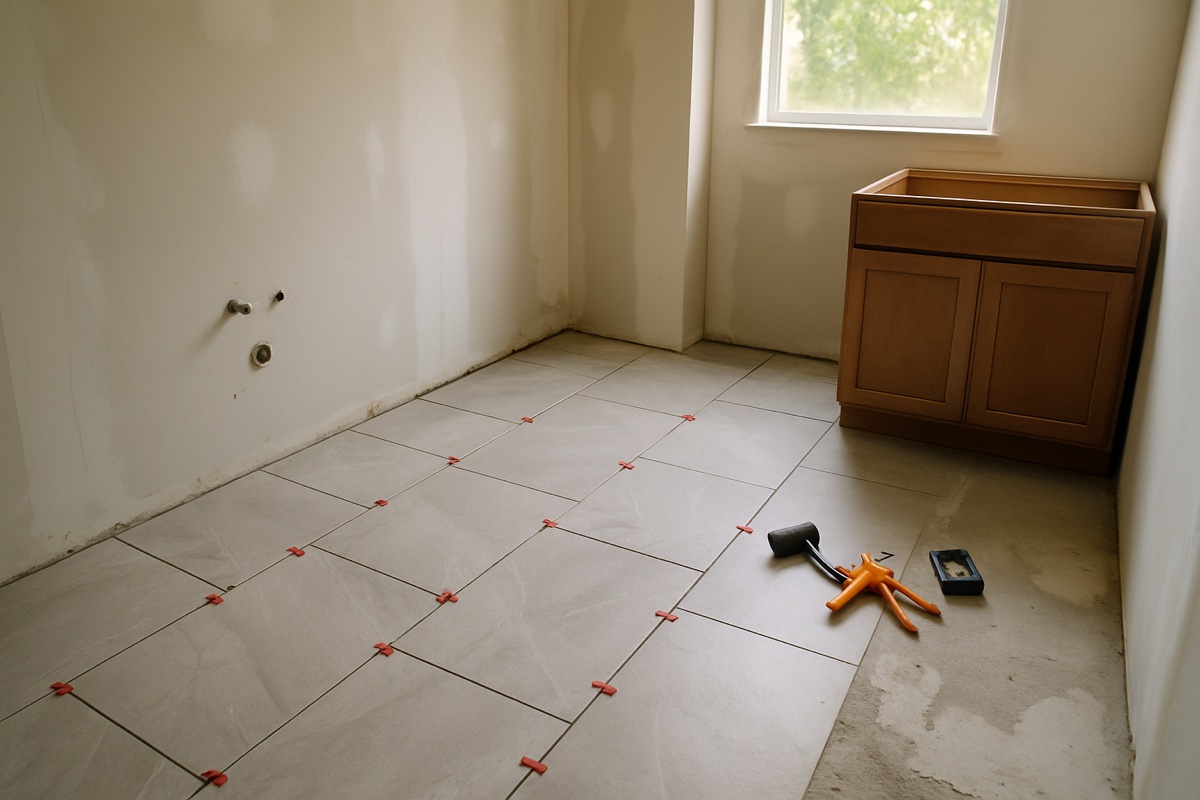 Cape Coral bathroom remodel in progress with new floor tile, spacers and a staged vanity cabinet