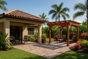 Southwest Florida backyard with a covered tile-roof lanai beside a wooden pergola over a paver patio