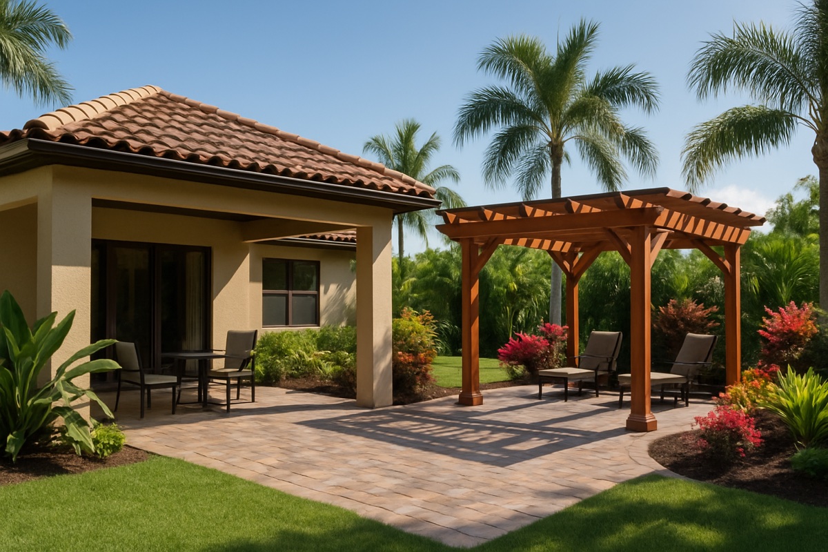 Southwest Florida backyard with a covered tile-roof lanai beside a wooden pergola over a paver patio