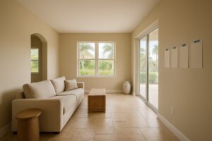 Freshly repainted living room in a Southwest Florida coastal home with warm neutral paint and color sample swatches on the wall