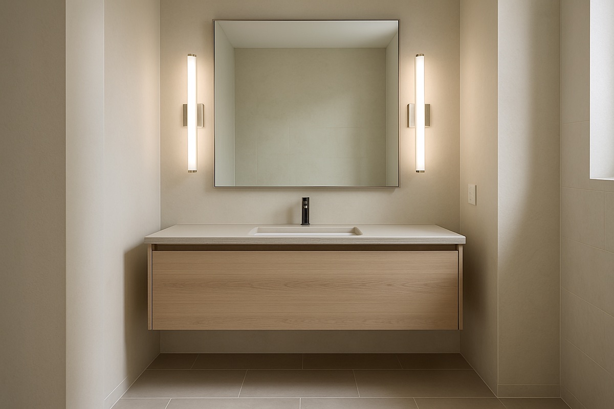 Floating bathroom vanity with a large mirror and vertical wall sconces
