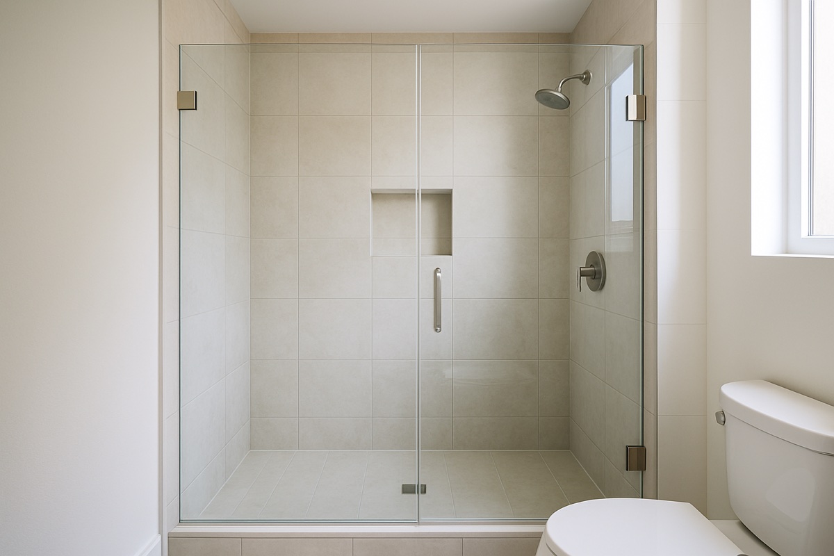 Frameless glass walk-in shower with a recessed tiled niche and large-format tile