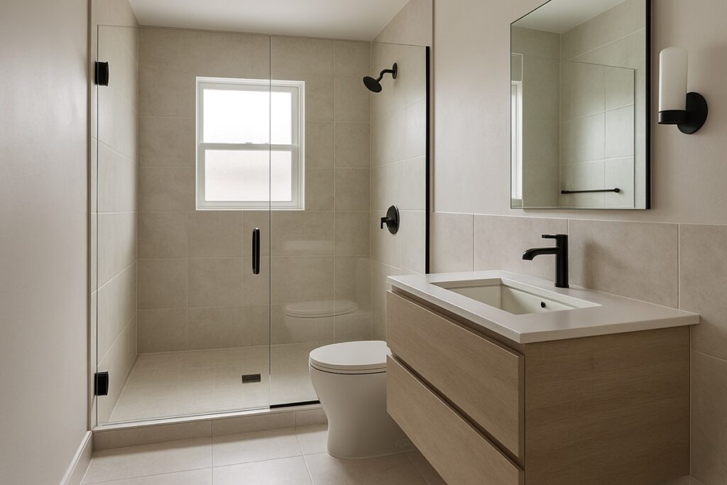Small remodeled modern bathroom with a frameless glass walk-in shower and floating vanity