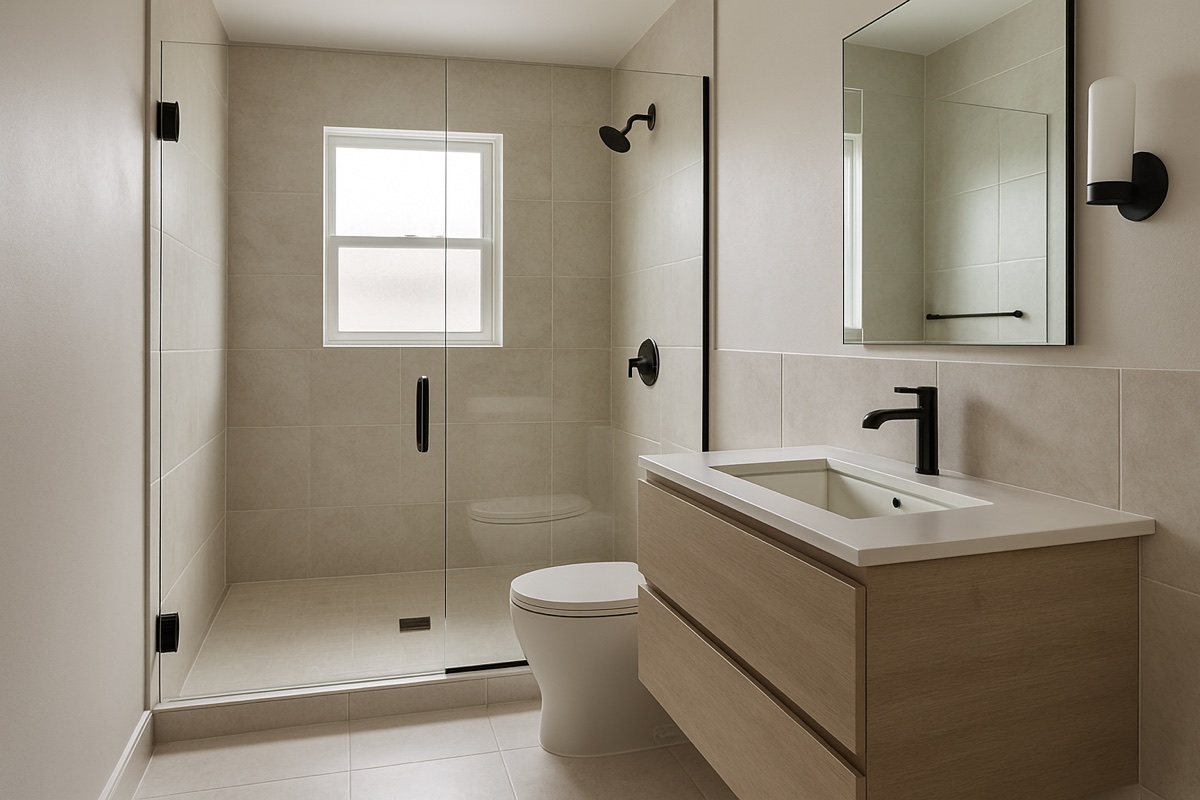 Small remodeled modern bathroom with a frameless glass walk-in shower and floating vanity