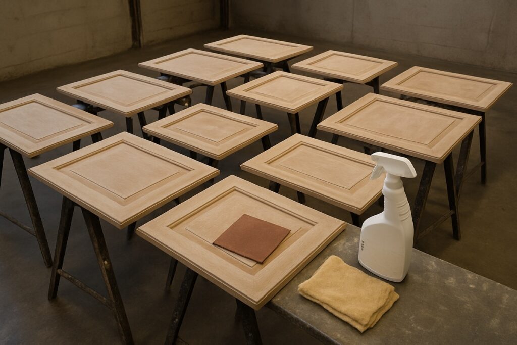 Cabinet doors removed and labeled for sanding and priming