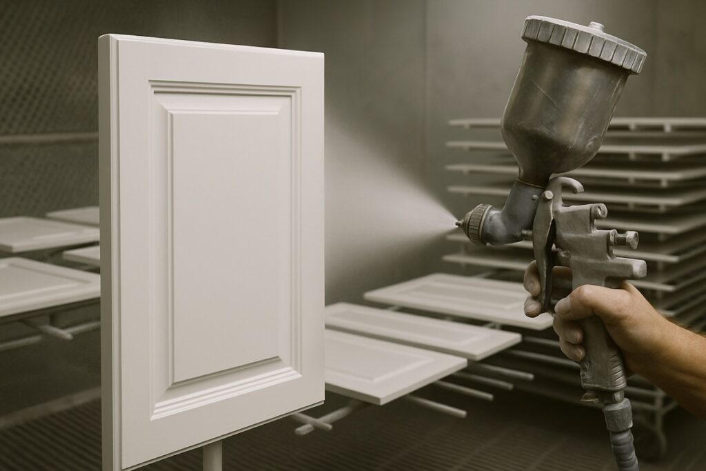 Cabinet door being spray painted for a smooth enamel finish