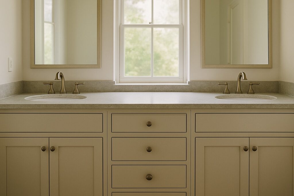 Drawer storage between two bathroom vanity sinks