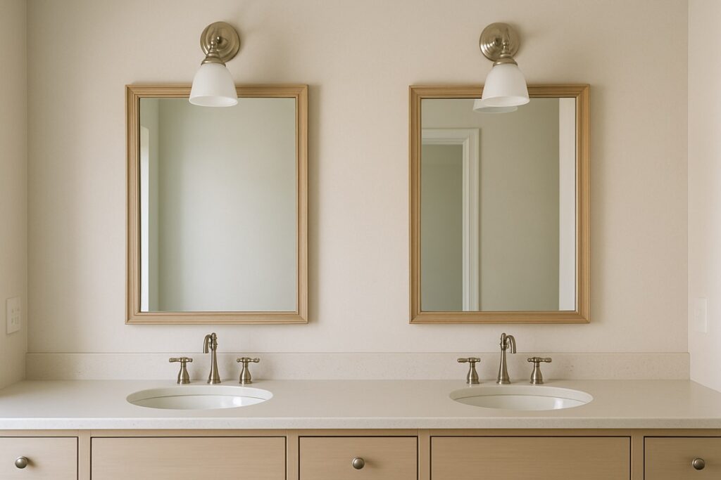 Two mirrors and sconce lighting over a double vanity
