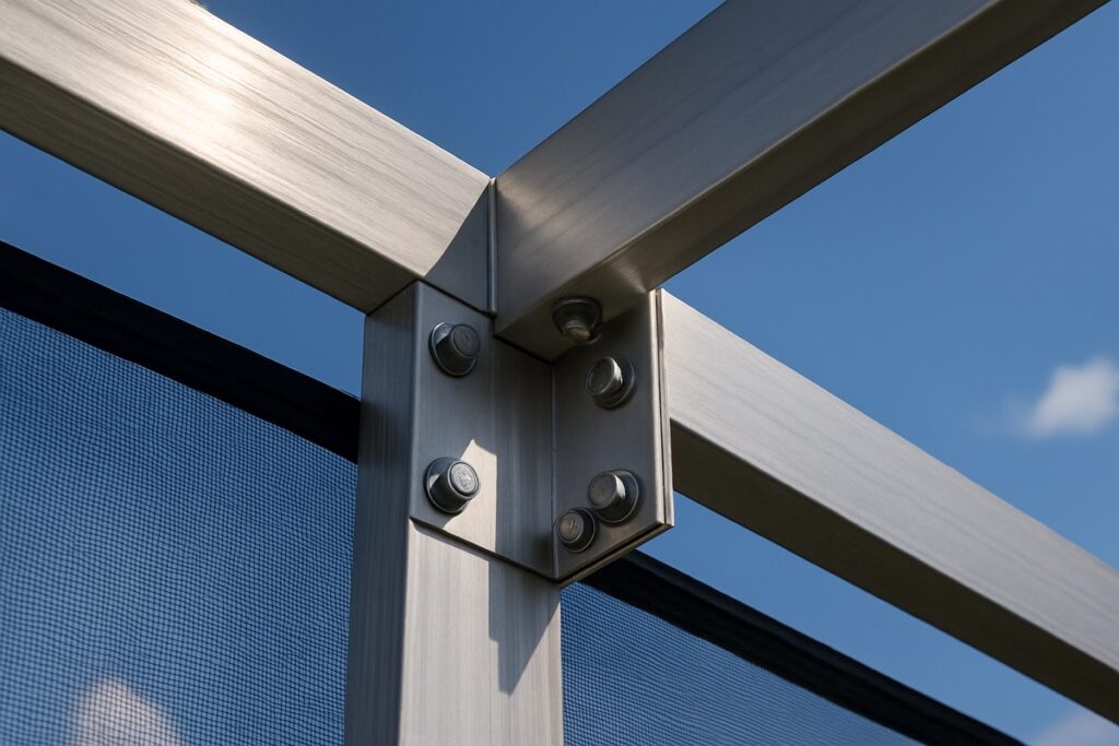 Aluminum frame corner connection of a screen enclosure
