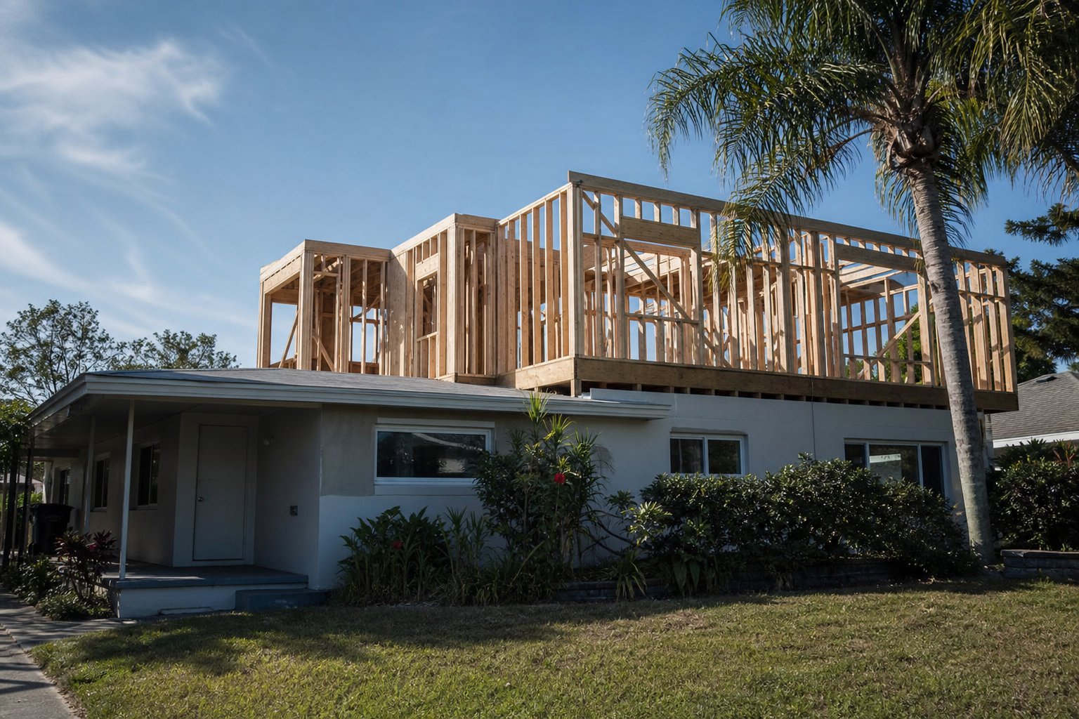Second-story home addition framed above an existing single-story home in Fort Myers, FL