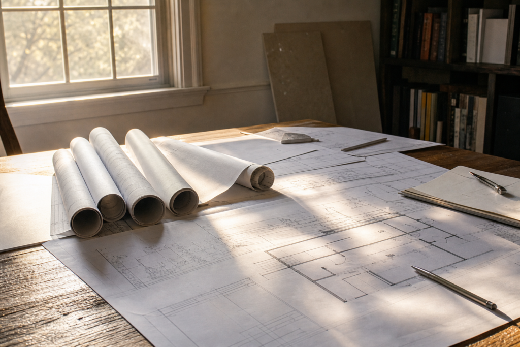 Lee County permit application documents spread on a table next to architectural drawings for a home remodel