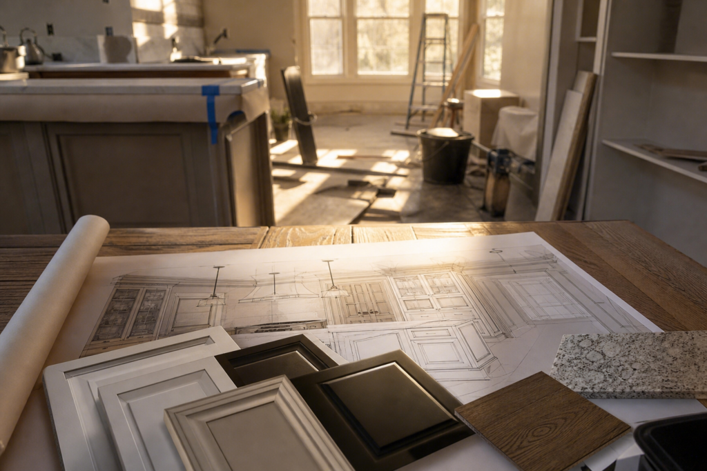 Kitchen design drawings and cabinet samples spread on a table during pre-construction planning for a Punta Gorda kitchen remodel