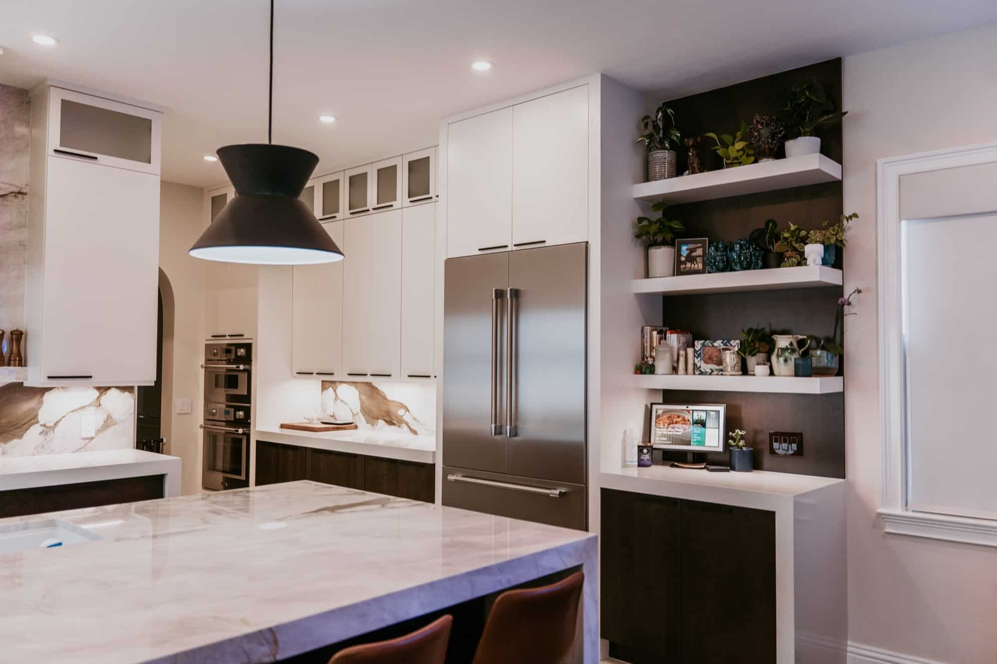 Kitchen: fridge & display shelves. Alliance Construction remodel, Southwest Florida