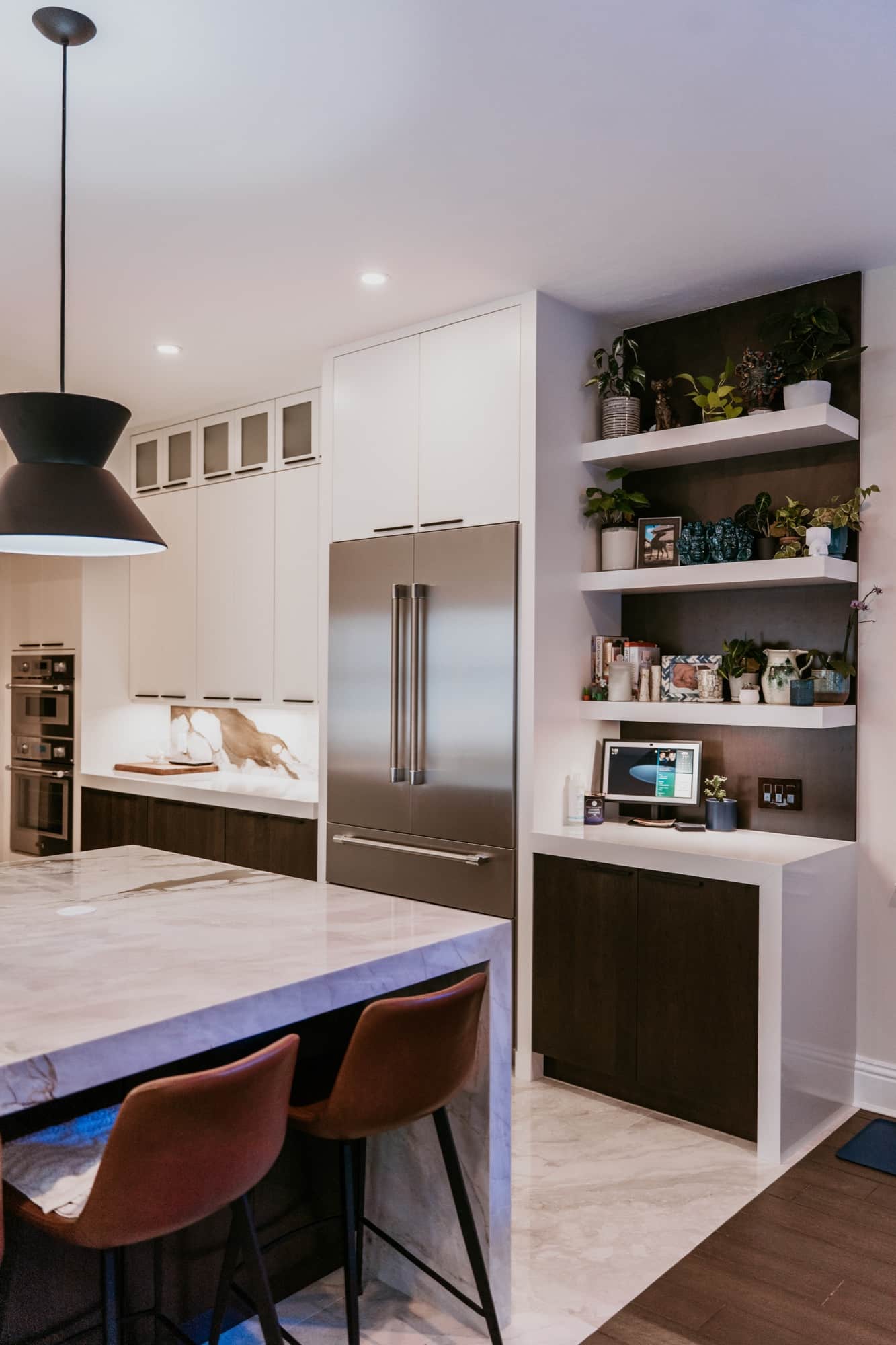 Kitchen remodel with custom floating shelves and integrated refrigerator cabinetry, Alliance Construction project