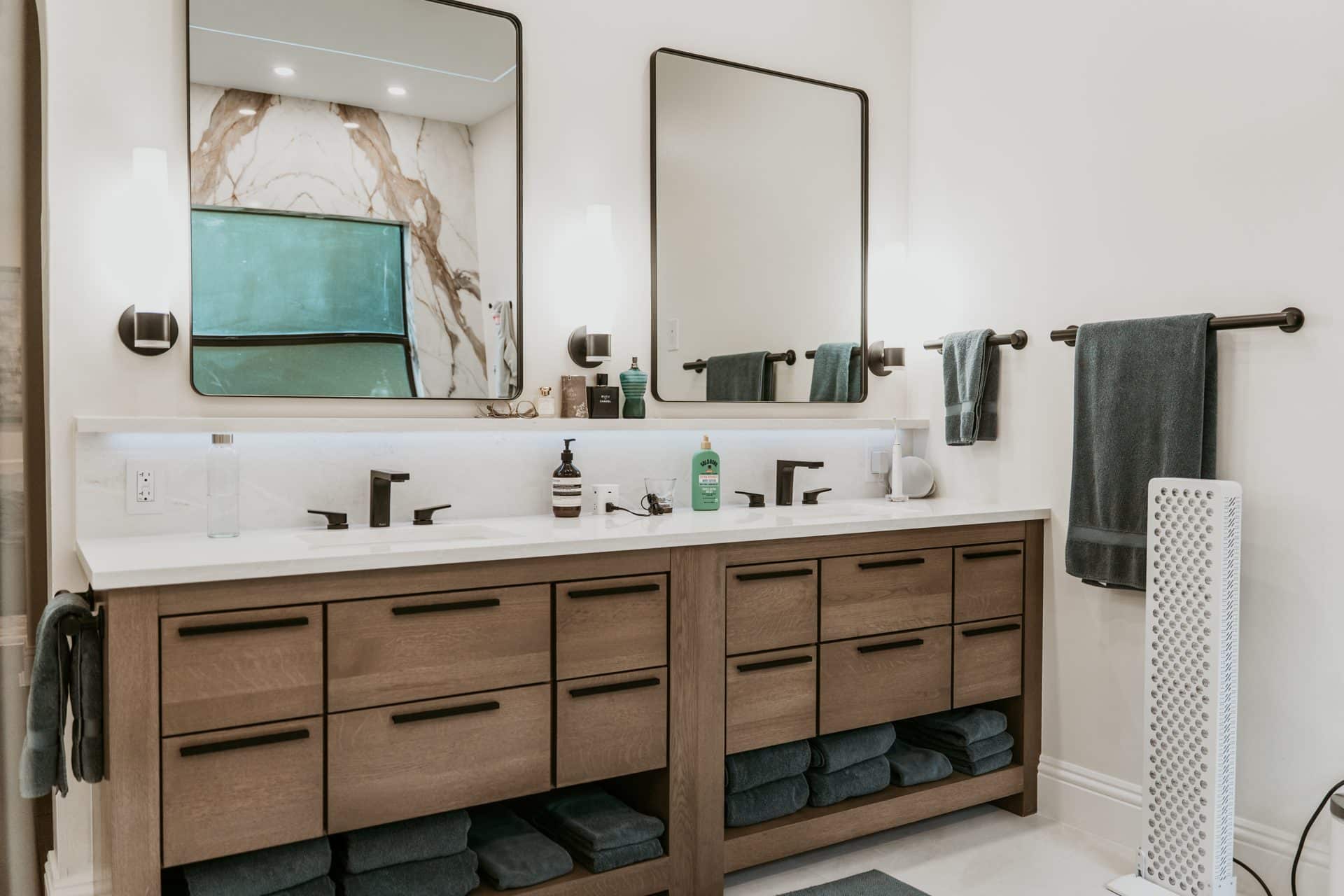 Recent bathroom remodel: white oak double vanity by Alliance Construction