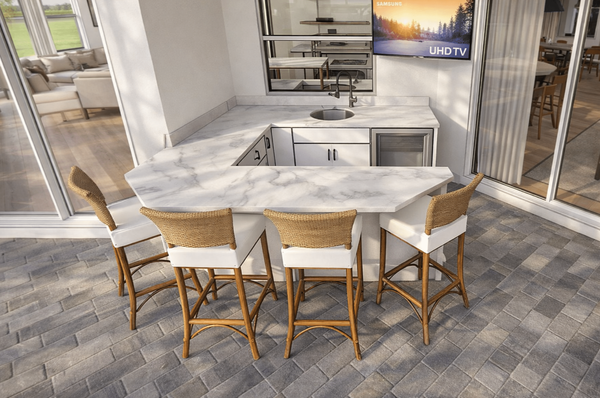 3D design rendering of an outdoor kitchen and lanai bar, Alliance Construction