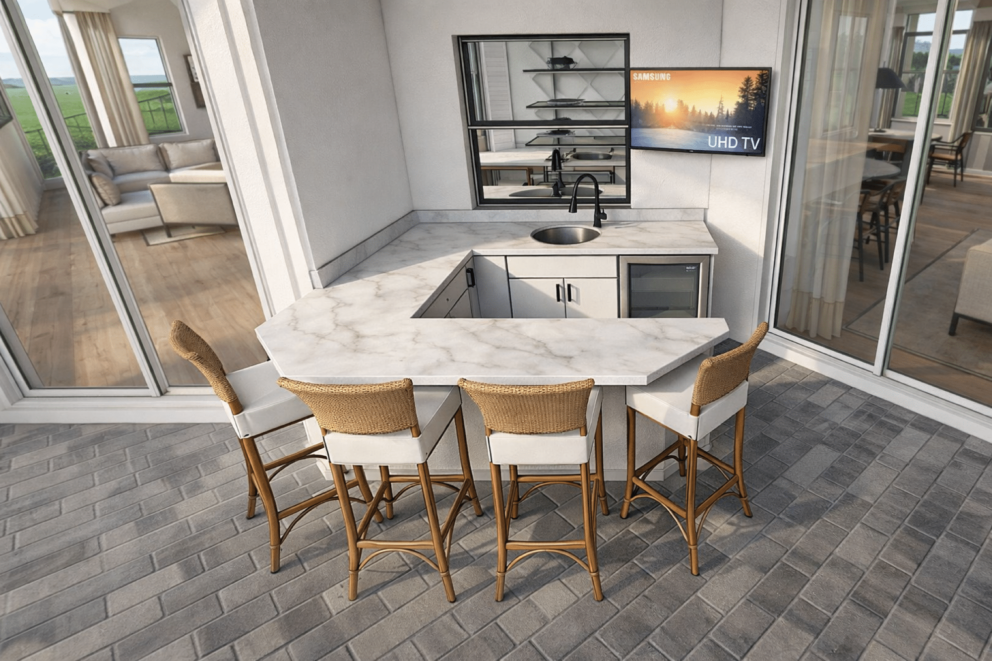 3D design rendering of an outdoor bar with counter seating and TV wall