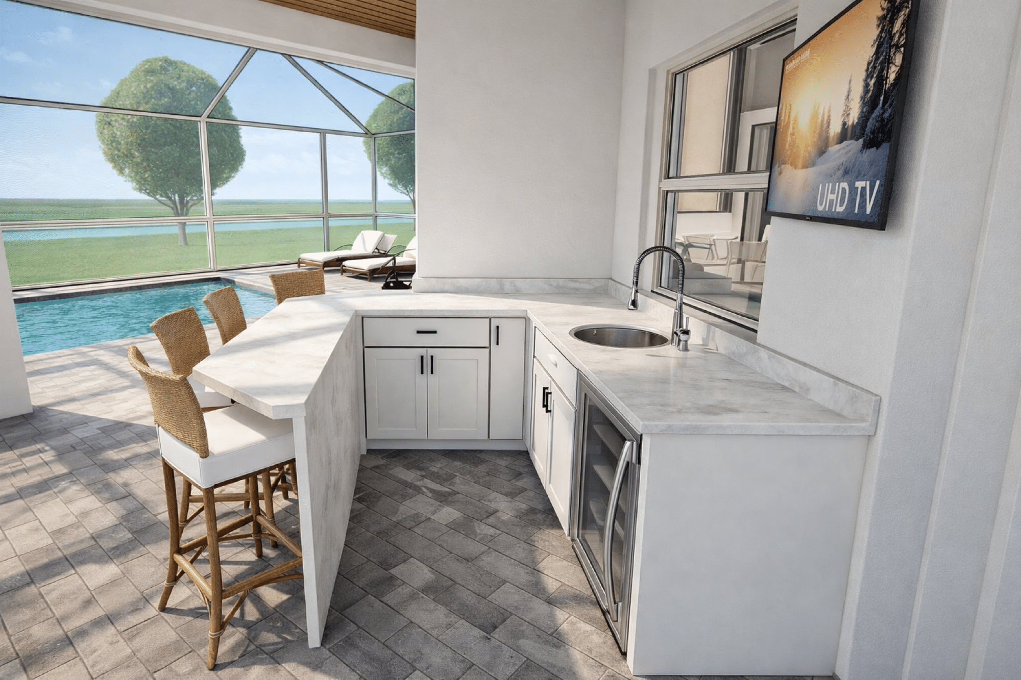 3D design rendering of a screened lanai outdoor kitchen beside the pool