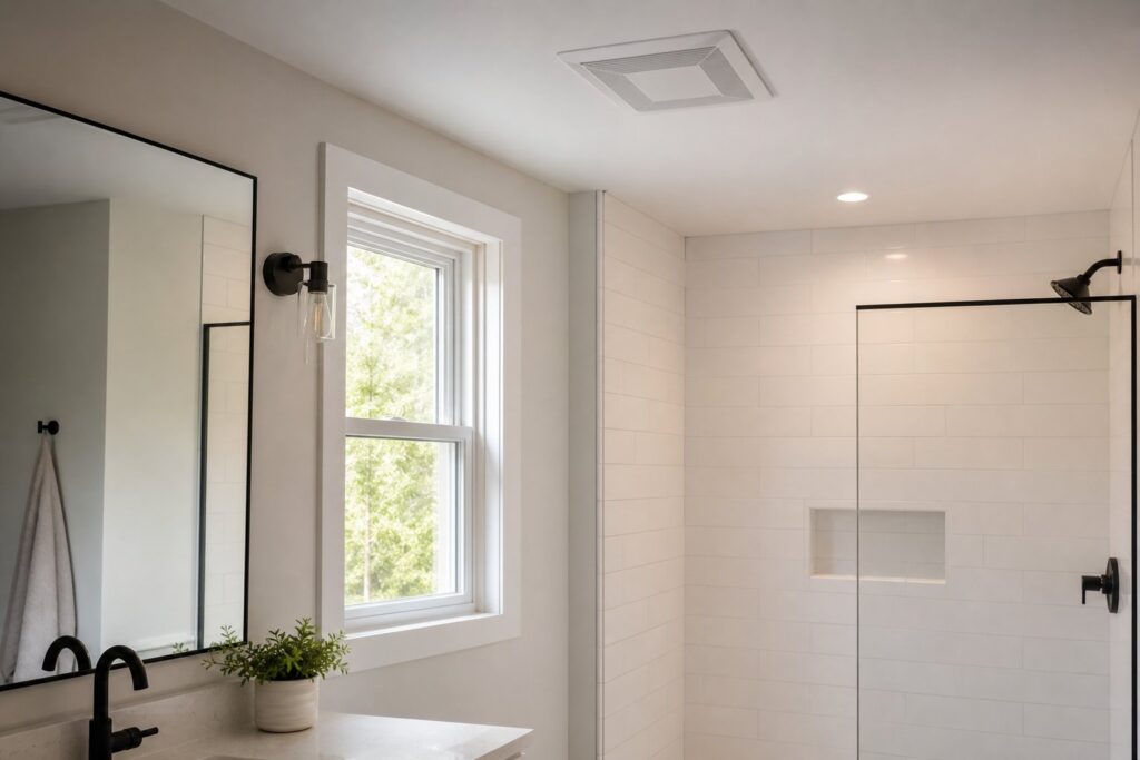 Remodeled bathroom with low profile ceiling exhaust fan above a white tiled walk-in shower
