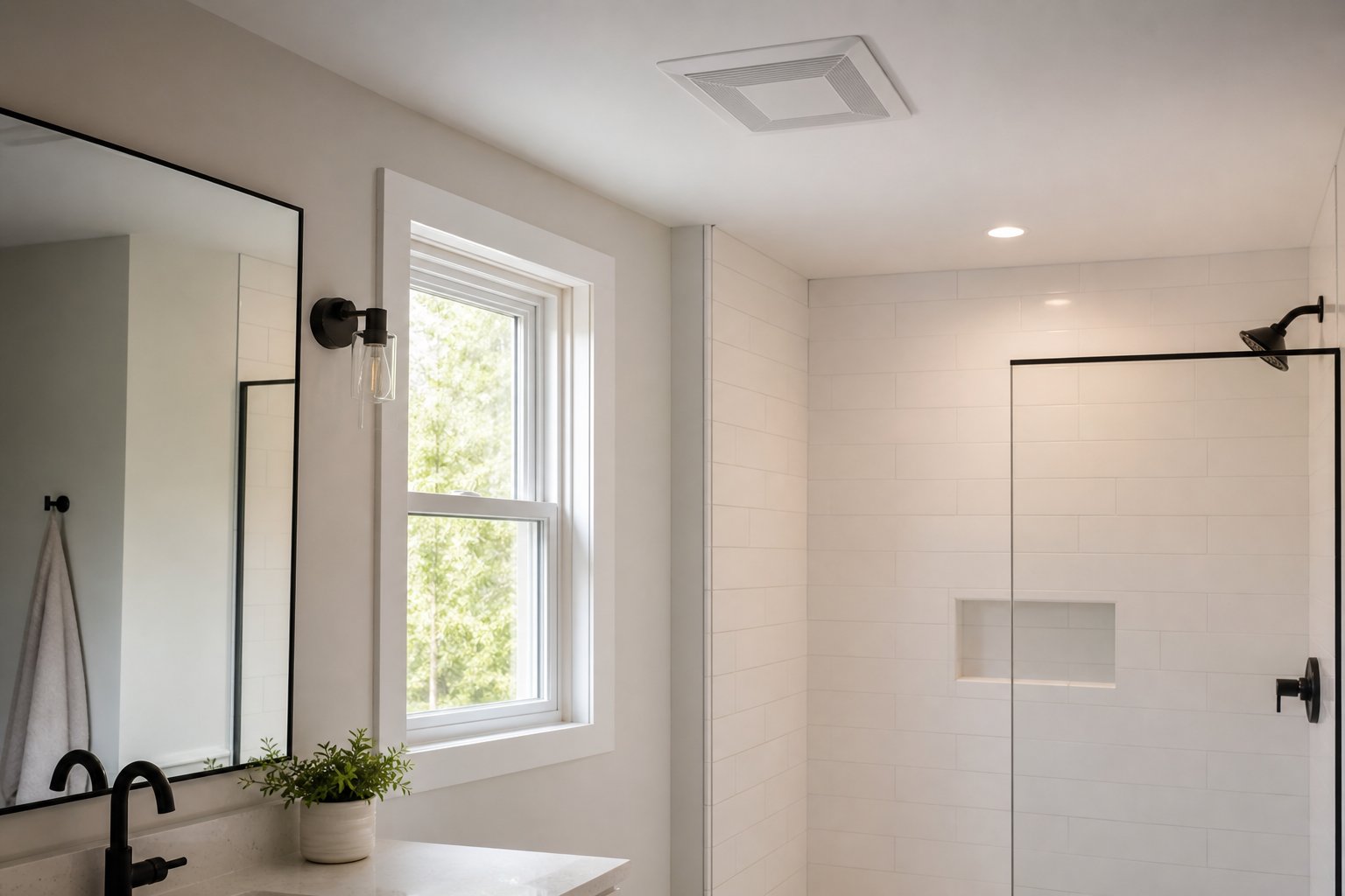 Remodeled bathroom with low profile ceiling exhaust fan above a white tiled walk-in shower
