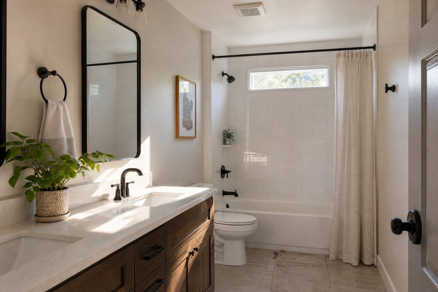 Bathroom with a transom window above the shower and a ceiling exhaust fan in morning light