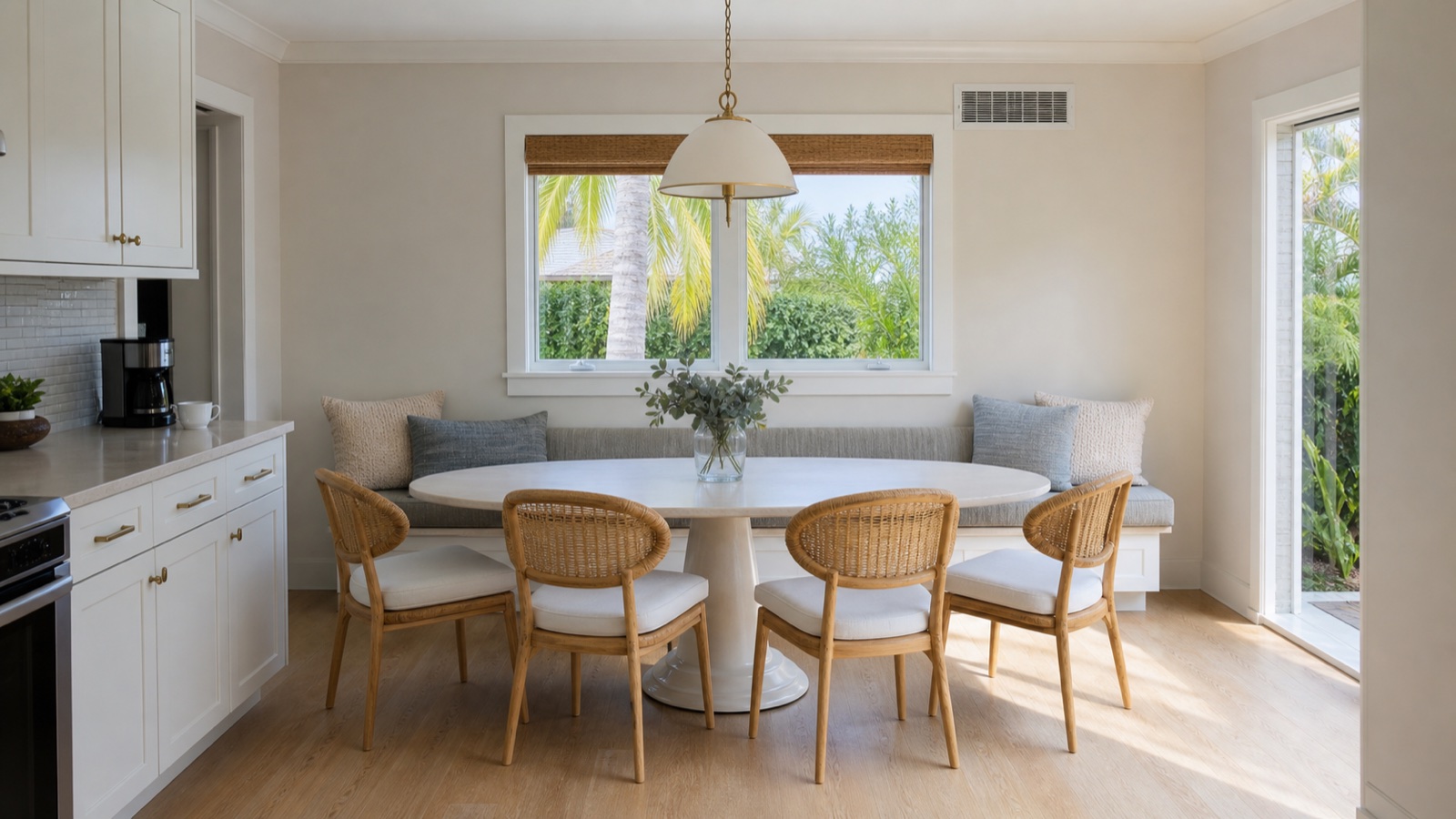 Straight breakfast banquette with oval pedestal table beside an operable kitchen window