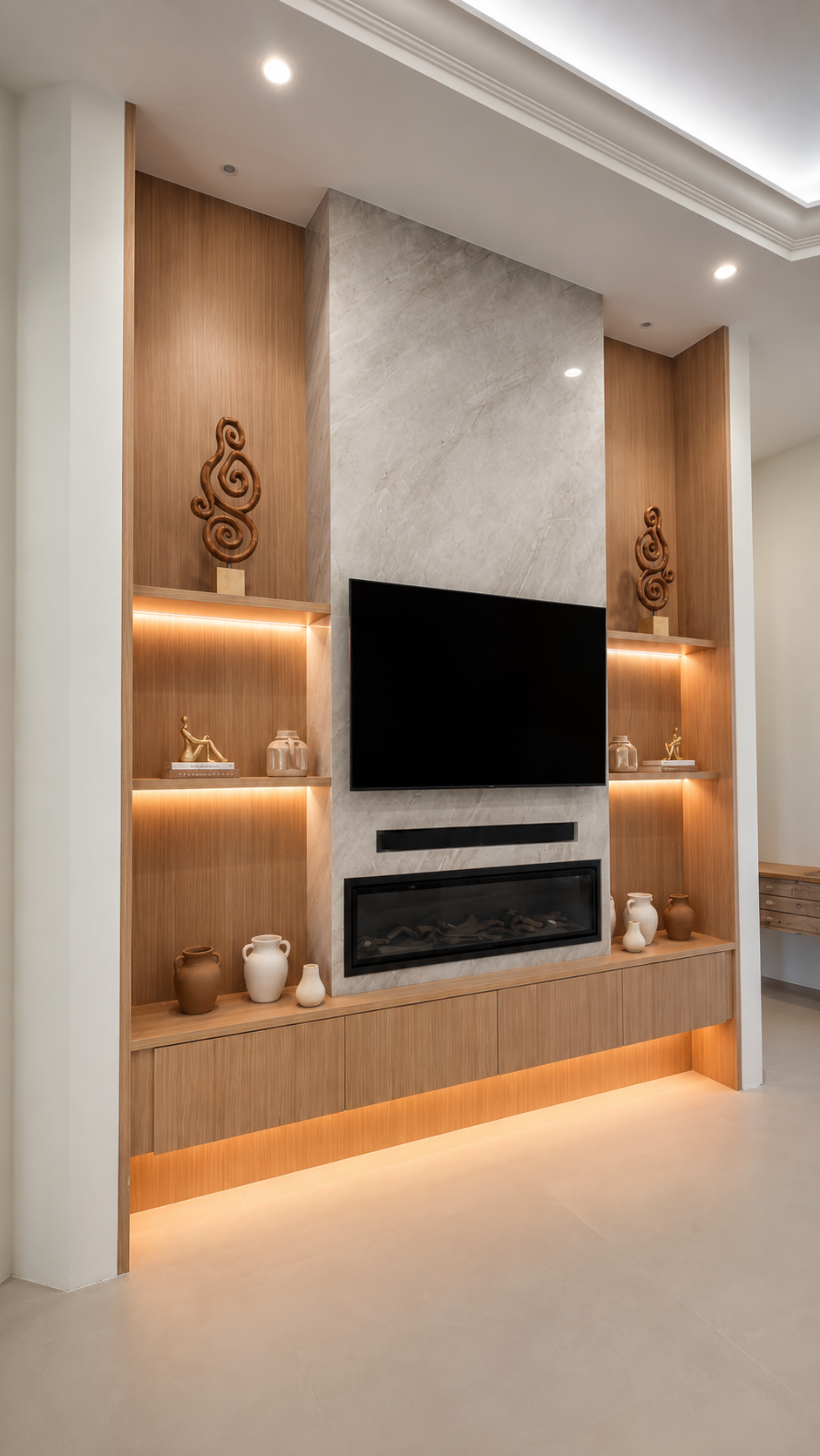 Custom floor-to-ceiling built-in entertainment center in a bright living room