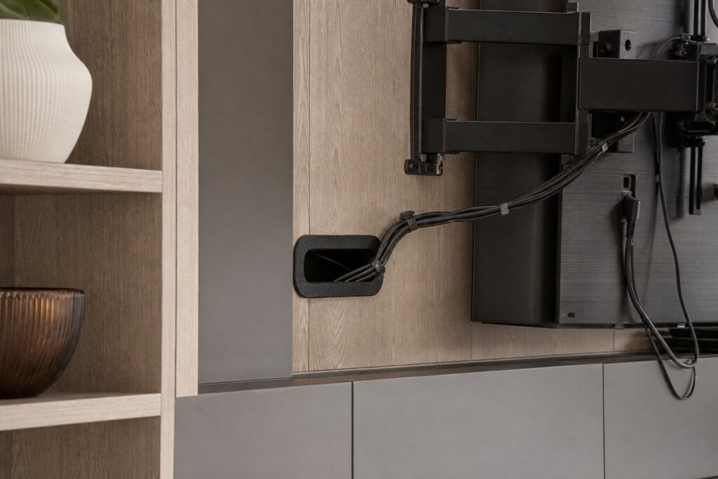 Cable management routed through built-in cabinetry behind a television