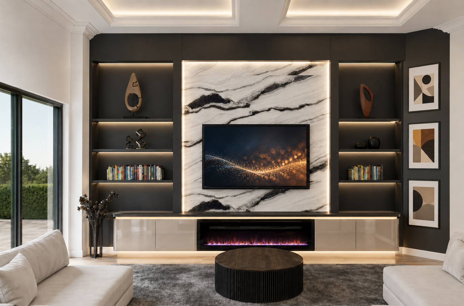 Built-in entertainment center with linear electric fireplace and shelf lighting