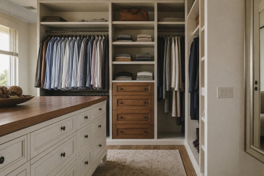 Custom walk-in closet system in a Naples master bedroom