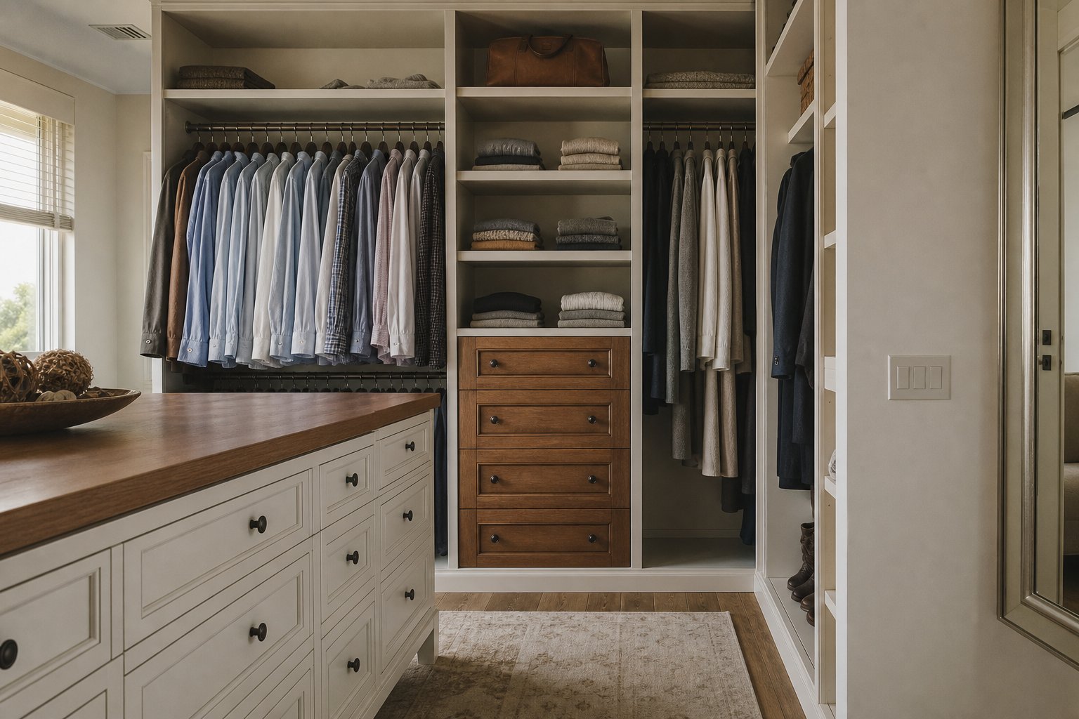 Custom walk-in closet system in a Naples master bedroom