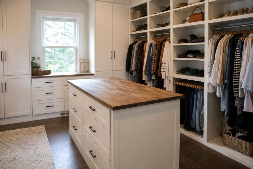 Closet island with drawers in a walk-in closet
