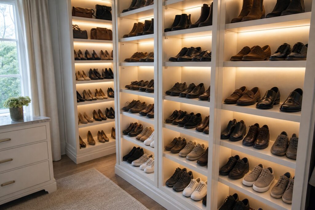Built-in shoe shelving with LED lighting in a closet