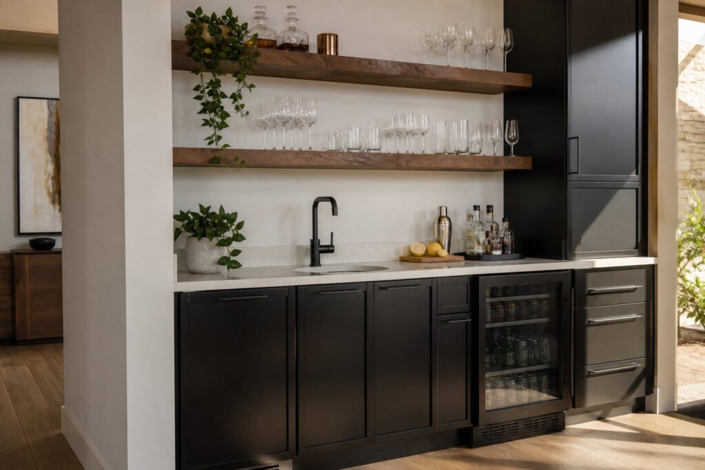Custom home wet bar with dark cabinets, quartz counter, floating shelves, and beverage fridge