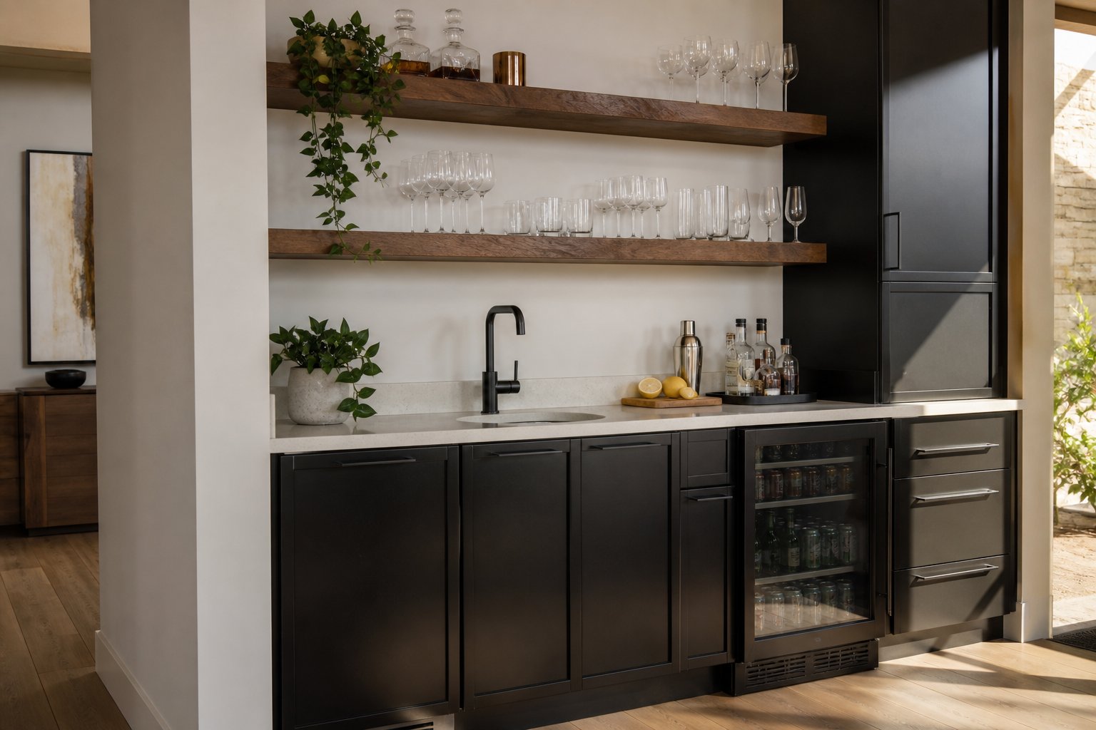 Custom home wet bar with dark cabinets, quartz counter, floating shelves, and beverage fridge