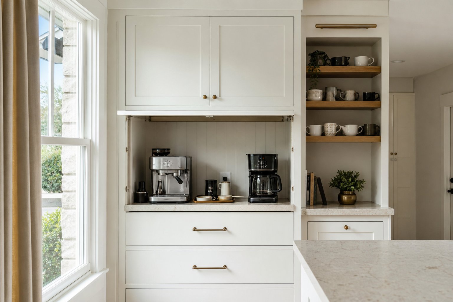 Built-in coffee station with appliance garage, quartz counter, and open mug shelves