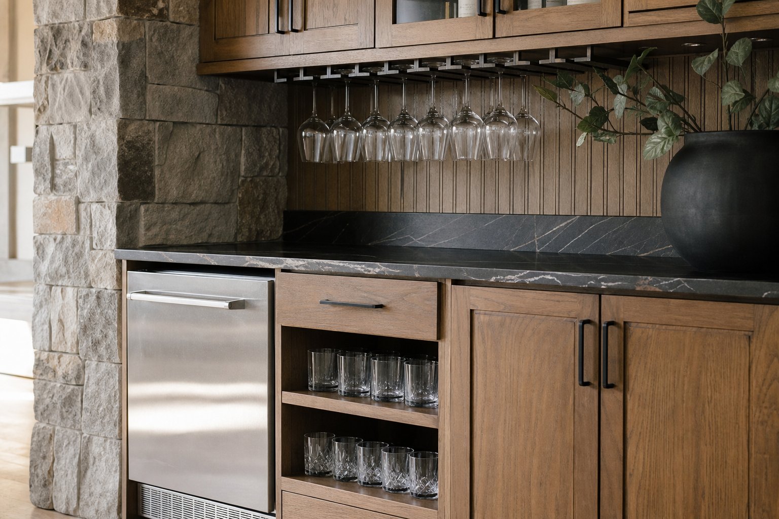 Bar cabinetry with stemware rack, undercounter ice maker, and shelf of glass tumblers