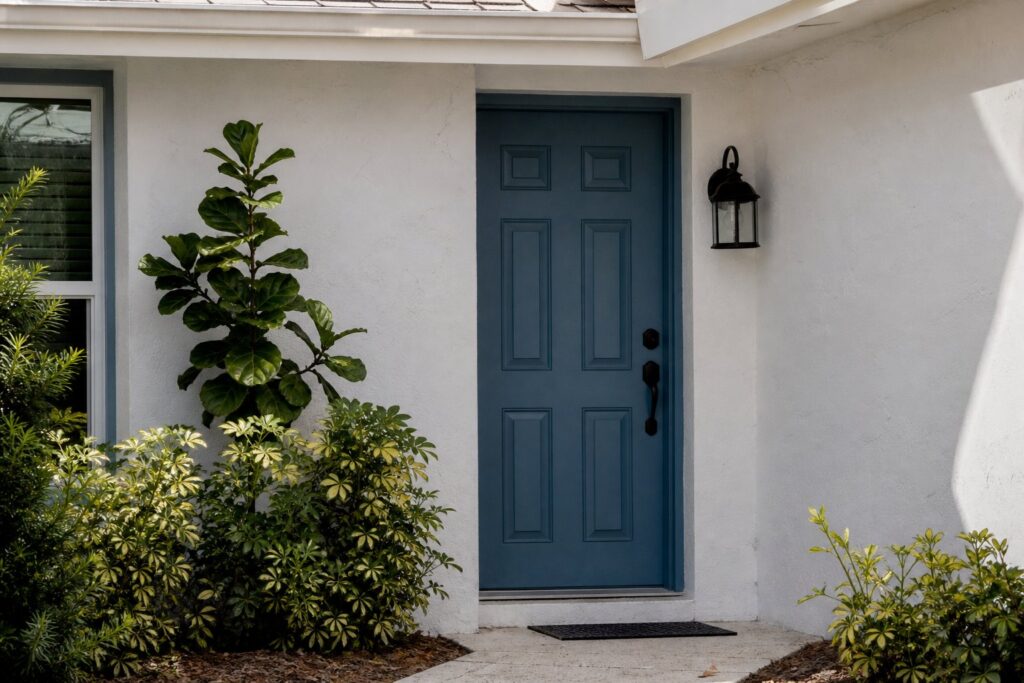 Coastal blue front door on a white stucco Florida home