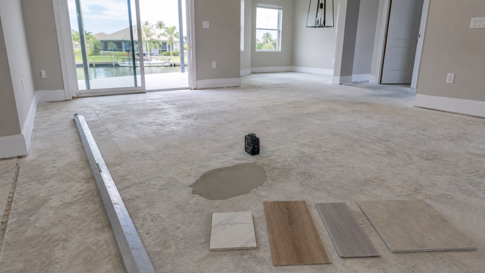 Concrete slab preparation with straightedge, laser level, patch, and flooring samples
