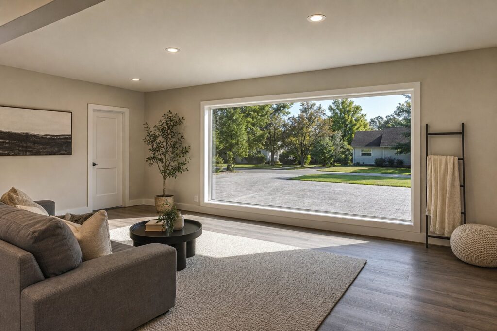 Converted garage living room with a picture window where the garage door once was