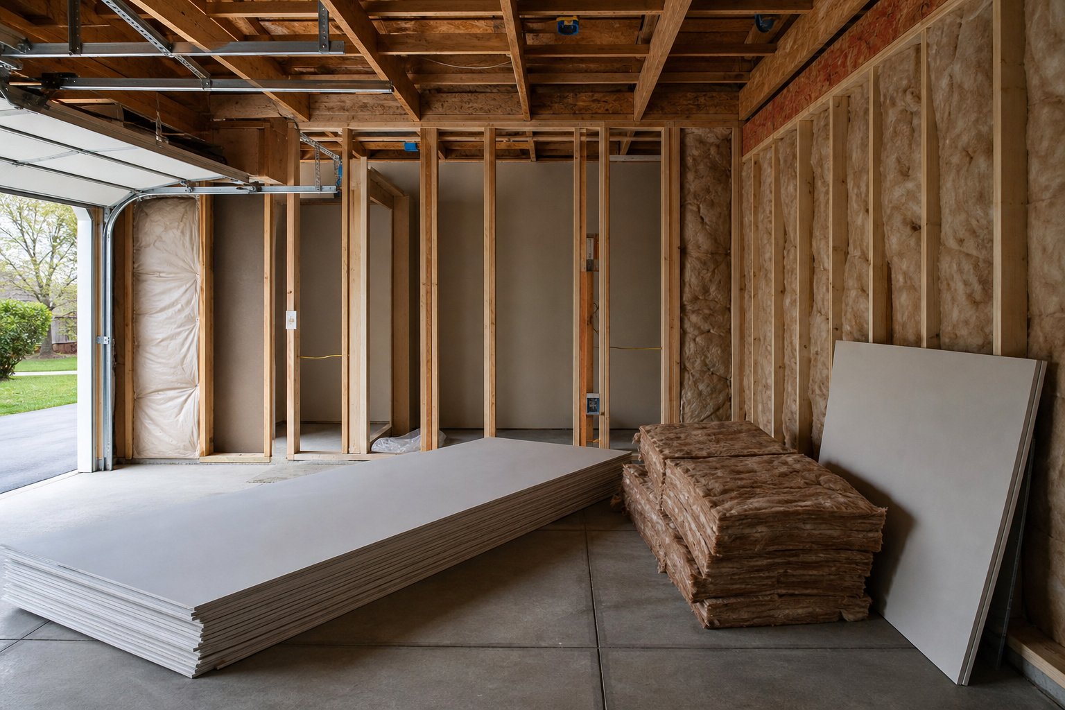 Garage mid conversion with new stud framing, insulation batts, and staged drywall